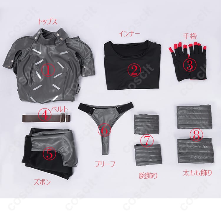 セット内容を展示した写真。衣装全体と付属品を確認できる画像です。