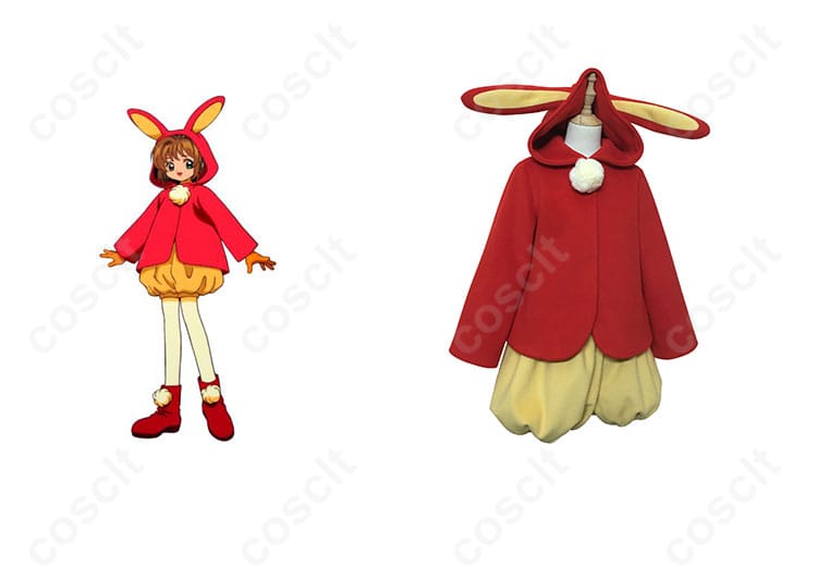商品正面とキャラクターの合わせ画像 – 『カードキャプターさくら』木之本桜のうさ耳バトルコスチューム。アニメの魅力的なシーンを再現。今すぐチェック！