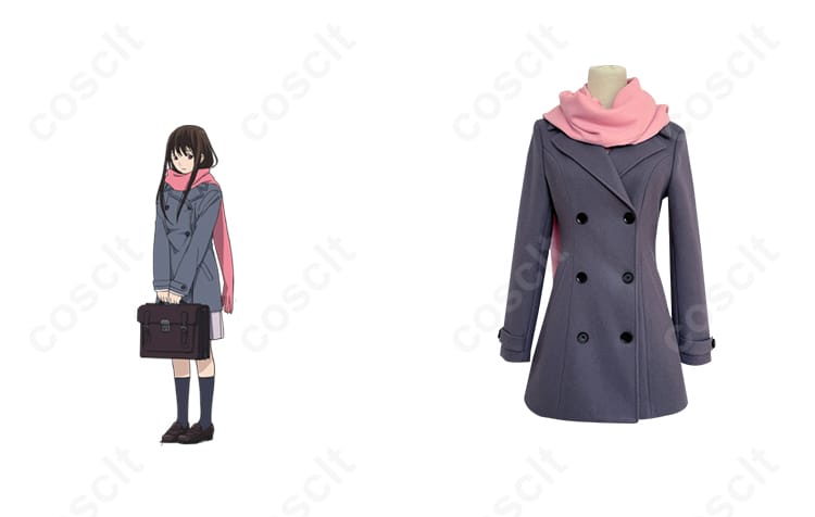 商品正面とキャラクター「壱岐ひより」のコスプレ衣装が一緒に写った画像。ノラガミの世界観を再現した衣装。