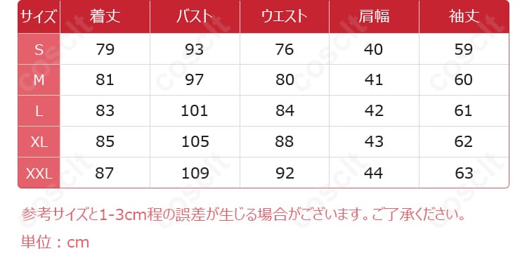 サイズと寸法に関するデータを示した画像。各サイズに対応する測定データが表示されている。