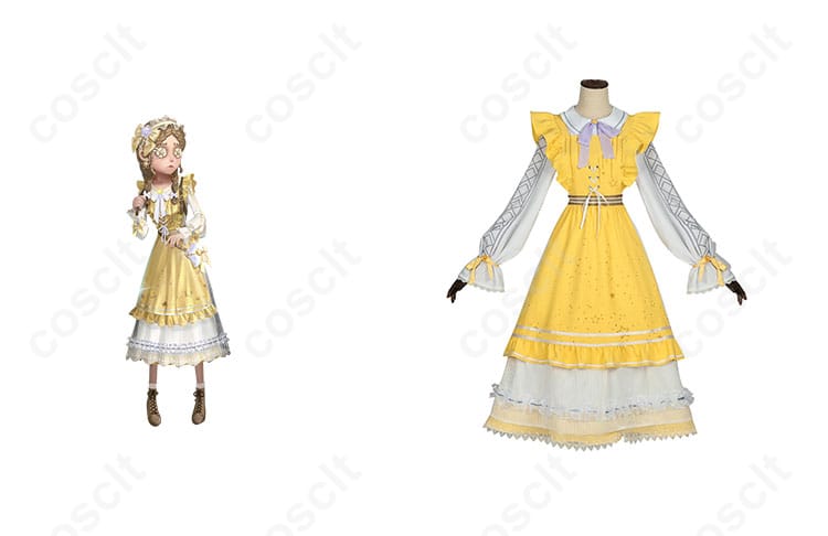 商品正面とアニー・レスター（玩具職人）キャラクターのコスプレ衣装を合わせた画像。第五人格の忠実な再現、コスプレイベントに最適！