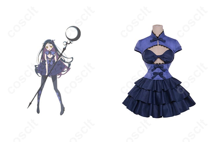商品正面とキャラクターのイメージが合成されたコスプレ衣装の全体像。魔法少女の変身後の姿を忠実に再現した衣装。魅力的なコスプレを楽しもう！