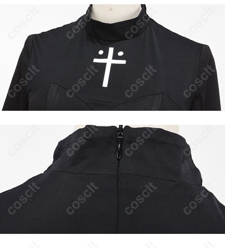 服の襟と衣装チェーンの装飾細部。遠坂凛のコスプレ衣装の細部のこだわり。