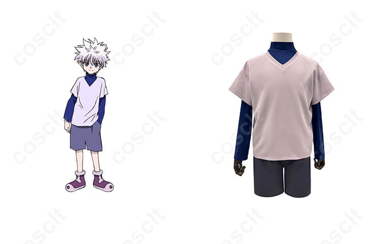 キルア＝ゾルディック コスプレ衣装 HUNTER×HUNTERのキャラクターと商品が一緒に映った画像。忠実再現のデザインで、コスプレイベントにぴったり！