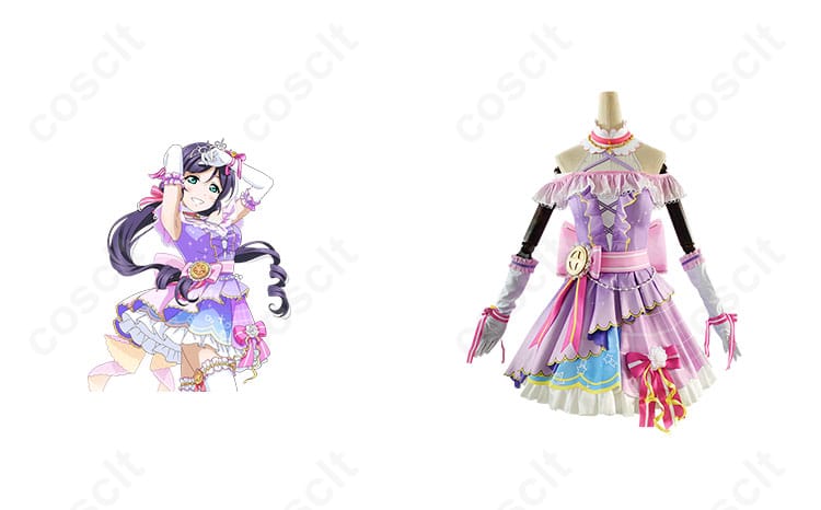 ラブライブ！スクフェス 東條希 コスプレ衣装 正面とキャラクターとのコラボ写真。高い再現度のコスプレ衣装で、イベントや撮影会にぴったり！