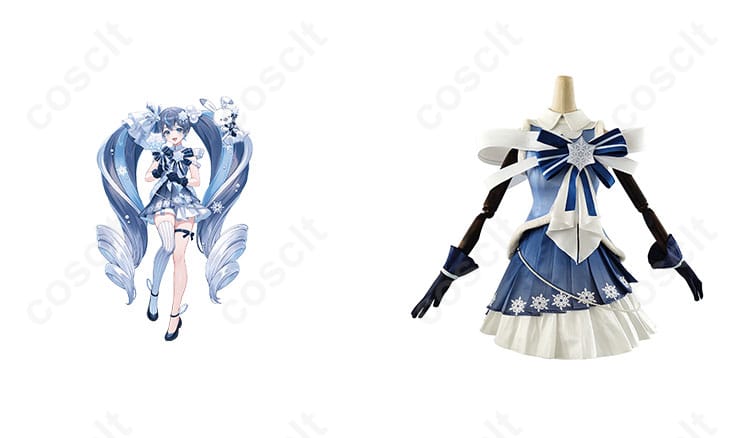 雪ミク（初音ミク）コスプレ衣装 正面とキャラクターの合わせたイメージ。雪ミクのキラキラスノーマテリアルデザイン、コスプレ衣装の詳細をご覧ください。