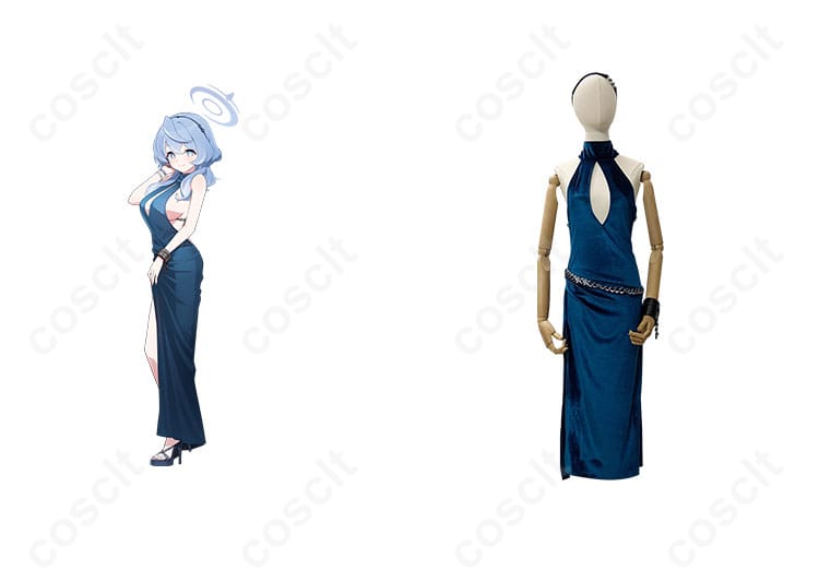 ブルーアーカイブ 天雨アコ コスプレ衣装 ドレス 正面とキャラクターの組み合わせイメージ。高忠実度再現の衣装。
