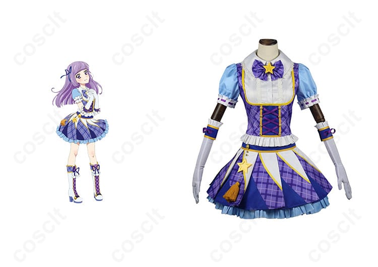 氷上スミレ コスプレ衣装の正面とキャラクターの組み合わせ写真。ブルーパレードコーデがキャラクターの特徴を忠実に再現。アイカツ！ファン必見！