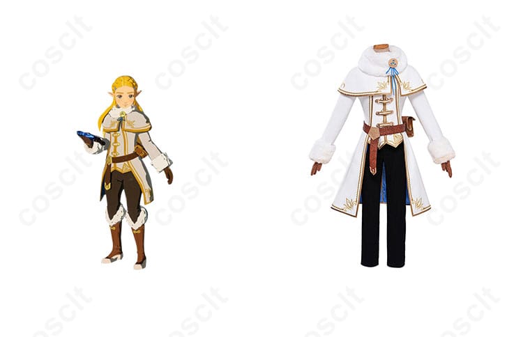 商品正面とゼルダ姫のキャラクターが合成された画像 – ゼルダ姫 コスプレ衣装の高い再現度をご覧ください。