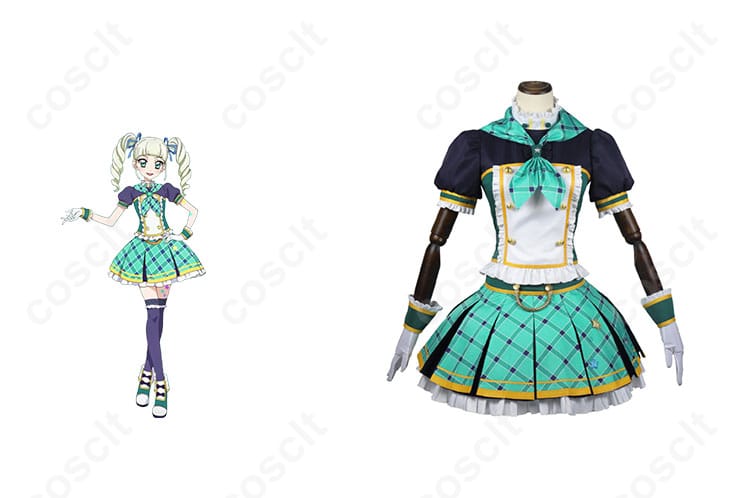 アイカツオンパレード！ 藤堂ユリカ コスプレ衣装 正面とキャラクターの画像。リアルなデザインと細部まで忠実に再現された衣装。
