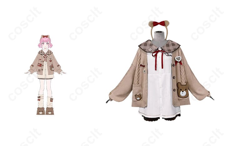 草薙寧々 コスプレ衣装 プロジェクトセカイ 初音ミク カフェモカ・ベア ルームウェア 商品正面とキャラクター人物の結合画像。魅力的なデザインが再現されています。今すぐチェック！