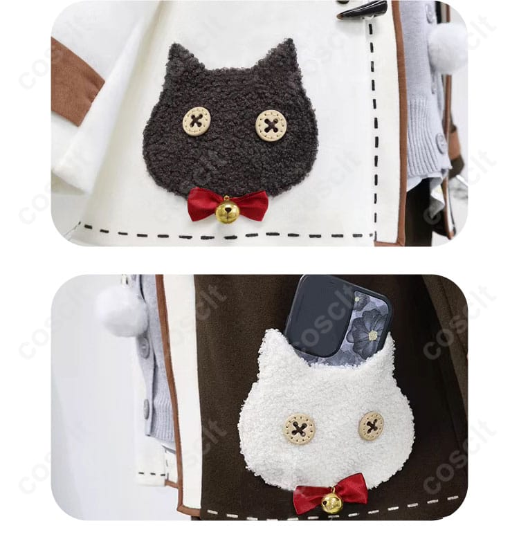 外套のポケット装飾細部画像 - Warming Cat冬服コスプレ衣装の外套ポケットのディテール。ファッション性と機能性を兼ね備えたデザイン。