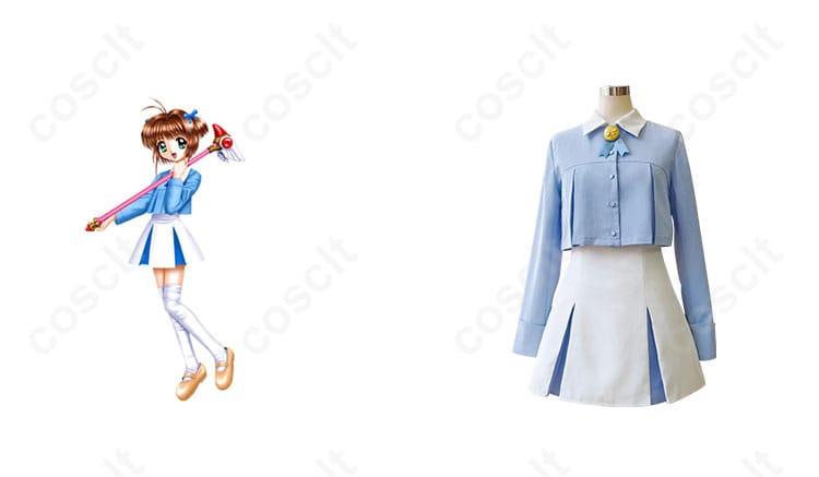 カードキャプターさくら 木之本桜 コスプレ衣装 正面とキャラクターとの組み合わせ画像。衣装のディテールがよく分かる。