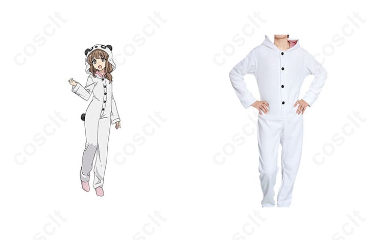 商品正面とキャラクターとのコラボレーションイメージ - 梓川かえでのパンダコスプレ衣装。キャラクターと衣装の詳細が確認できる。