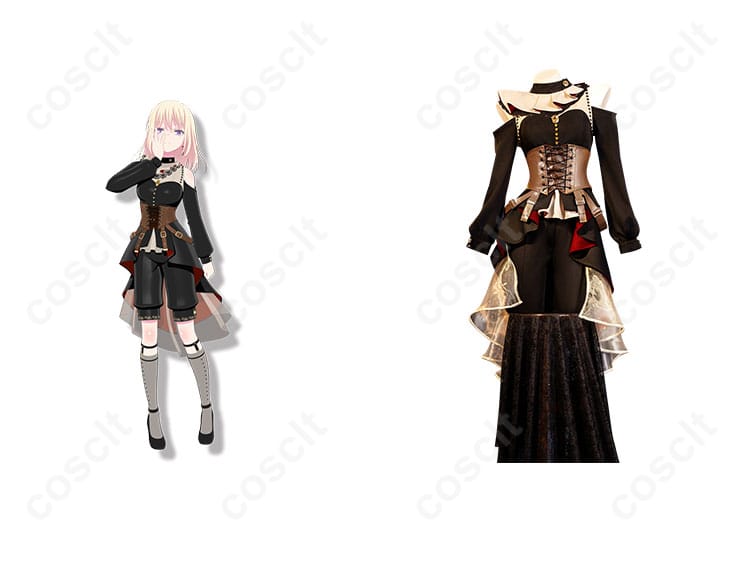 商品正面とキャラクター三角初華が一緒に写ったコスプレ衣装の画像。高品質なコスプレ衣装を紹介。