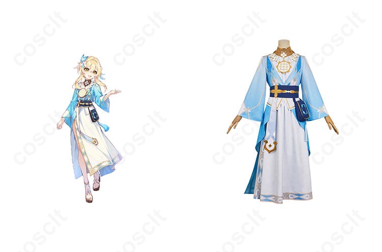 商品正面とキャラクター（蛍）を組み合わせたコスプレ衣装の画像。高再現度で「原神」ファン必見のアイテム。
