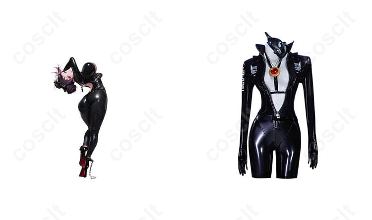 商品正面とキャラクター（クエンシー）とのコスプレ衣装の組み合わせ写真 – 怪盗エスケープクイーン衣装の魅力が満載！
