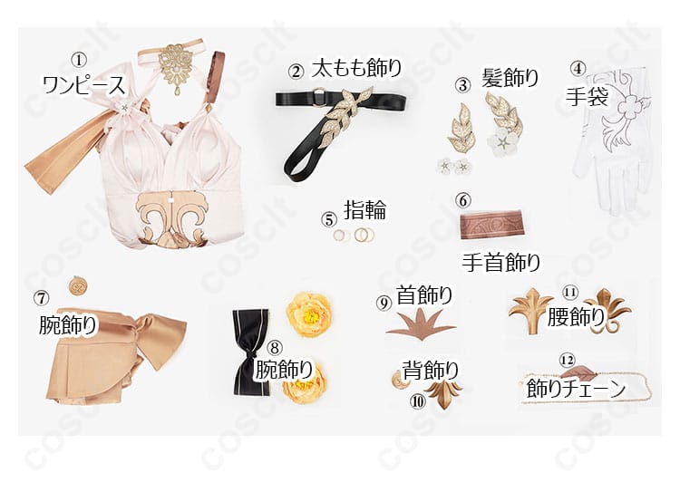セット内容の展示 - ワンピースや手袋、首飾りなど、アグライアコスプレ衣装のセット内容