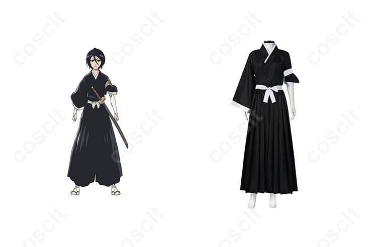 商品正面とキャラクターの組み合わせ図 - BLEACH 朽木ルキアの死覇装コスプレ衣装。アニメキャラクターとのコスプレシーン。