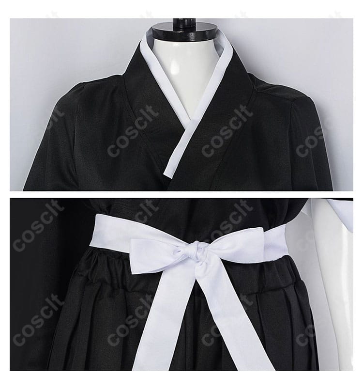 服の襟と腰部の装飾ディテール図 - 朽木ルキアの死覇装コスプレ衣装の襟と腰部の細部。細かい刺繍や装飾が特徴。