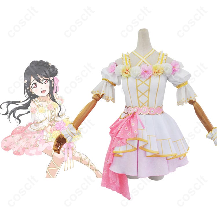 ラブライブ！スクフェス 矢澤にこのコスプレ衣装 フラワーフェスティバル編 花よりたおやかに♪ 商品正面とキャラクター画像。アイドル衣装の魅力を最大限に引き出します。