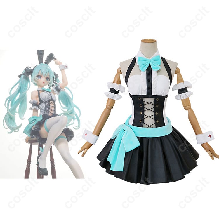 商品正面と初音ミクのキャラクターが組み合わさったコスプレ衣装の画像。高再現度で着心地の良いバニー衣装。