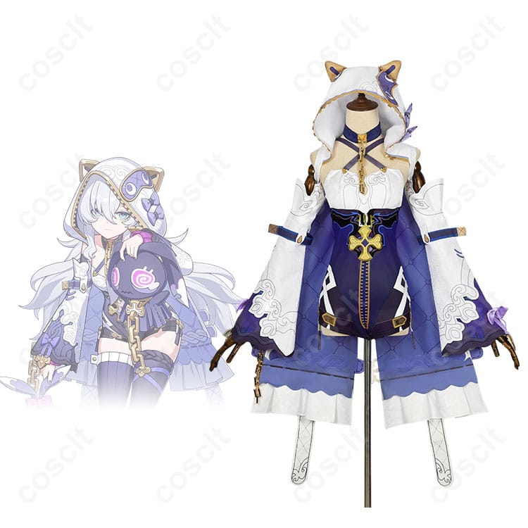 商品正面とキャラクターの融合画像 - 崩壊3rd テレサ・アポカリプス コスプレ衣装の正面とキャラクターが一緒に写っている画像。詳細な衣装の再現をご覧ください。