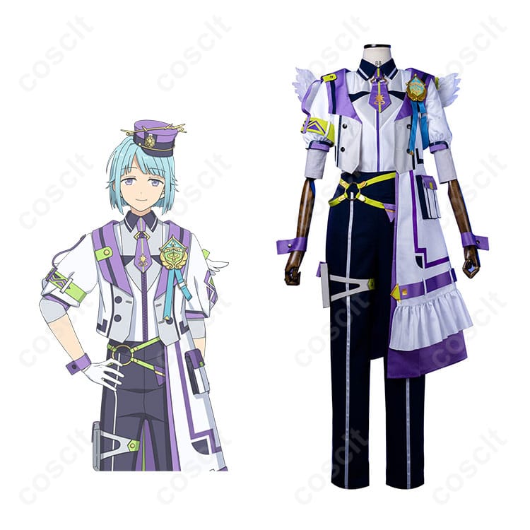商品正面とキャラクター人物の組み合わせ画像 - あんさんぶるスターズ！！Musicの紫之創、影片みか、遊木真のコスプレ衣装を着たキャラクターと一緒に撮影された商品画像です。コスプレ衣装の魅力を引き立てます。