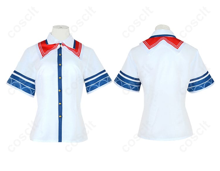 服装の正反対の細部を見せる画像。赤井はあとのコスプレ衣装のディテールが際立つシーン。