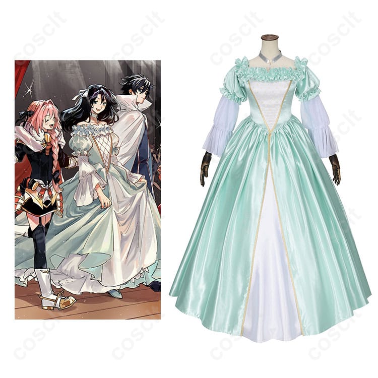 商品正面とロクサーヌのキャラクターが一緒に写った画像。Fate/Grand Orderのコスプレ衣装の詳細がよくわかります。