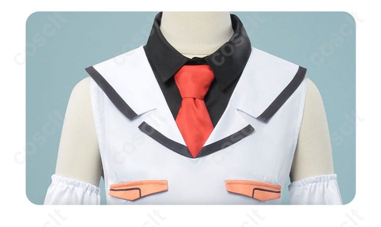 服の襟元とネクタイ装飾の詳細画像 - アイラのコスプレ衣装の襟元とネクタイのデザイン、リアルで精密。