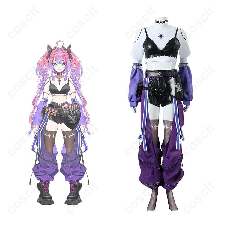 商品正面とキャラクター人物のコスプレ衣装の詳細な画像。ホロライブ 綺々羅々ヴィヴィの衣装が忠実に再現されています。