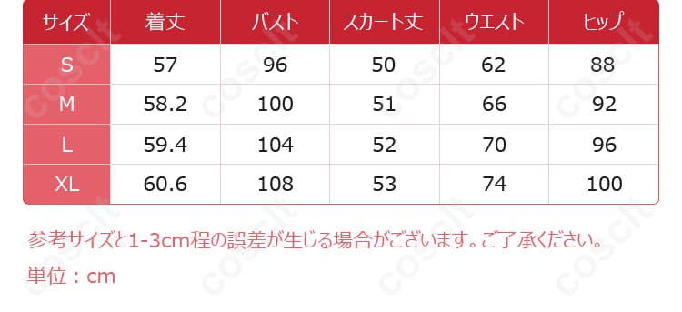 サイズと寸法の対応データが表示された画像。各サイズのフィット感や寸法に関する詳細情報。
