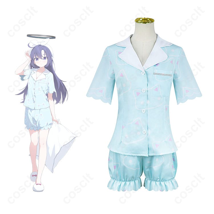 商品正面とキャラ立ち絵を並べたブルアーカイブ早瀬ユウカパジャマコスプレ衣装｜忠実再現で通販受付中