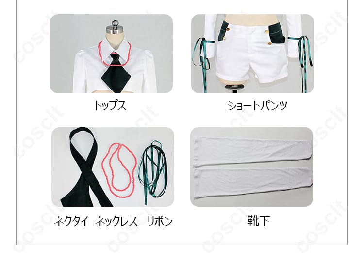 Rche（傲慢ちゃん）コスプレ衣装 セット内容を紹介。トップス、ショートパンツ、リボン、靴下など、コスプレに必要なすべてが揃っている。