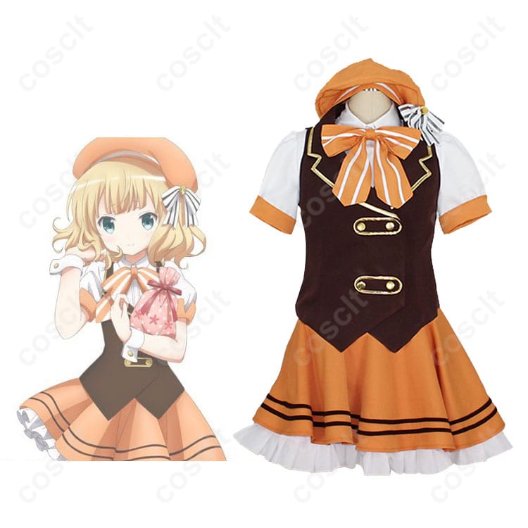 「ご注文はうさぎですか？」 シャロのメイド服コスプレ衣装 正面とキャラクターのシーン写真。アニメキャラクターと一緒に着る魅力的なコスプレ衣装。