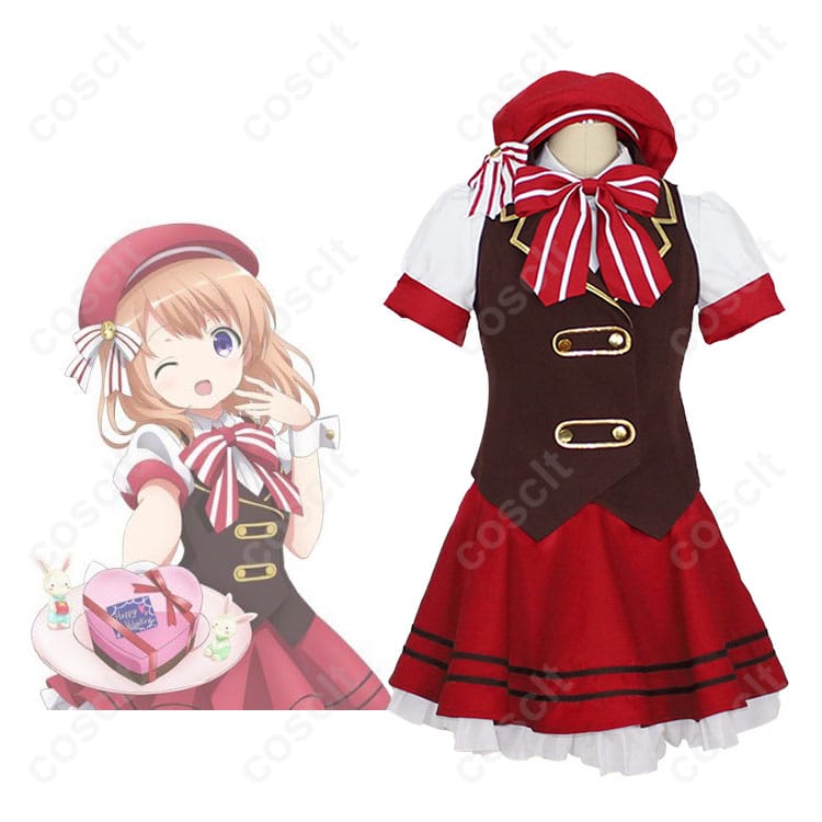 「ご注文はうさぎですか？」ココアのメイド服コスプレ衣装の正面とキャラクターとの組み合わせ。