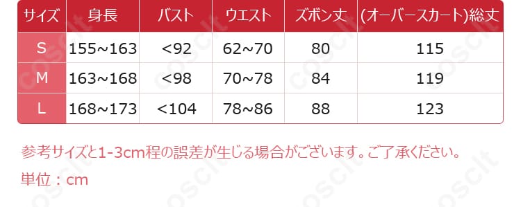 無期迷途 ヤオ コスプレ衣装 燃える神舞 サイズと寸法に関するデータ図。S、M、L サイズの詳細情報をご確認いただけます。自分にぴったりのサイズを選ぼう！