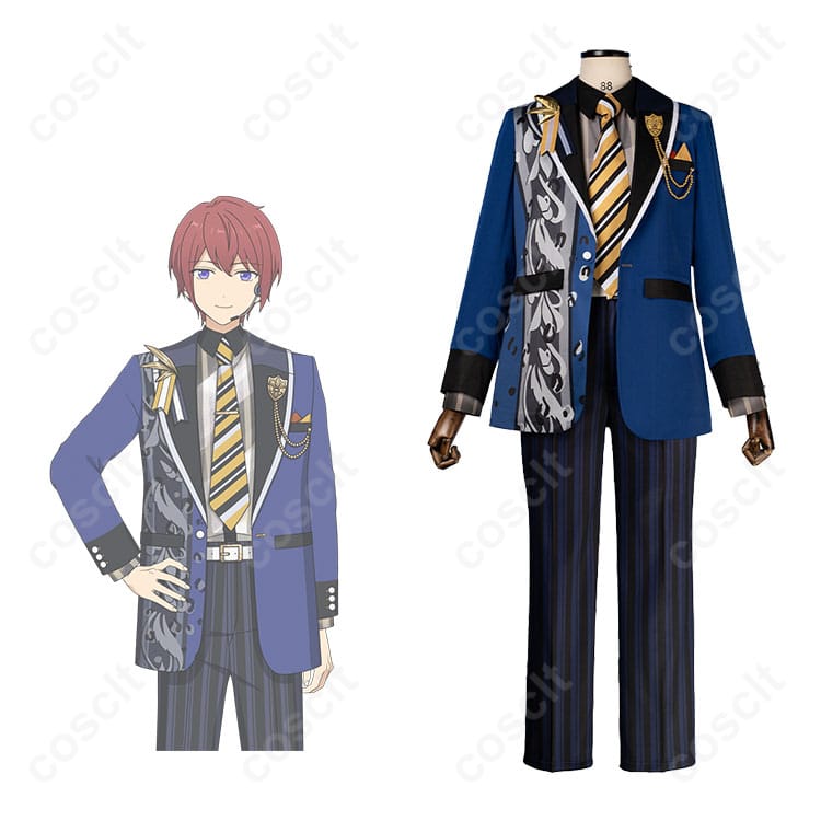 あんさんぶるスターズ！！のキャラクターとコスプレ衣装を組み合わせた画像。朱桜司、月永レオ、朔間凛月の衣装が忠実に再現されています。