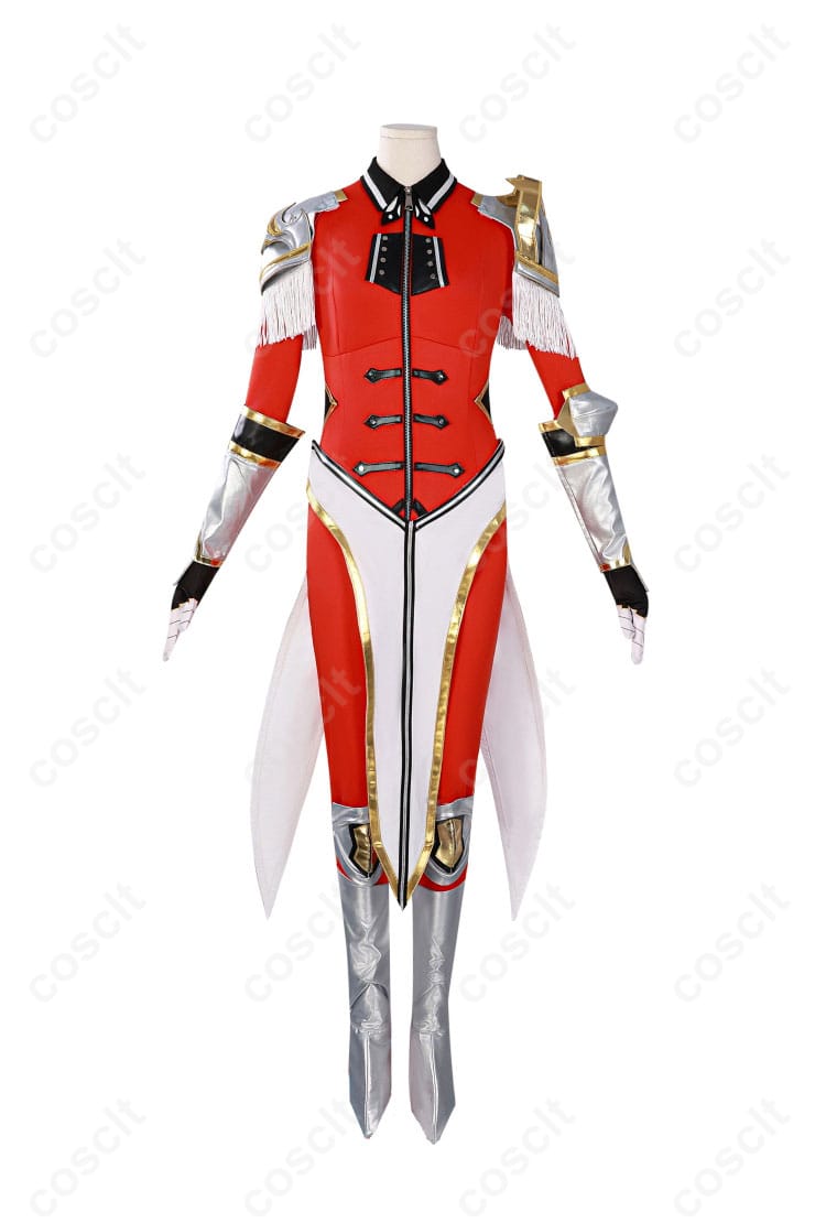 商品正面図。向坂雫の赤色アーマーコスプレ衣装の前面のディテールが確認できる画像。