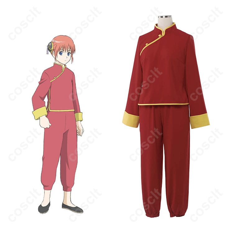 商品服装とキャラクター神楽のコスプレ衣装を合わせた画像。銀魂 神楽 チャイナ服 コスプレ衣装の魅力が一目でわかります。