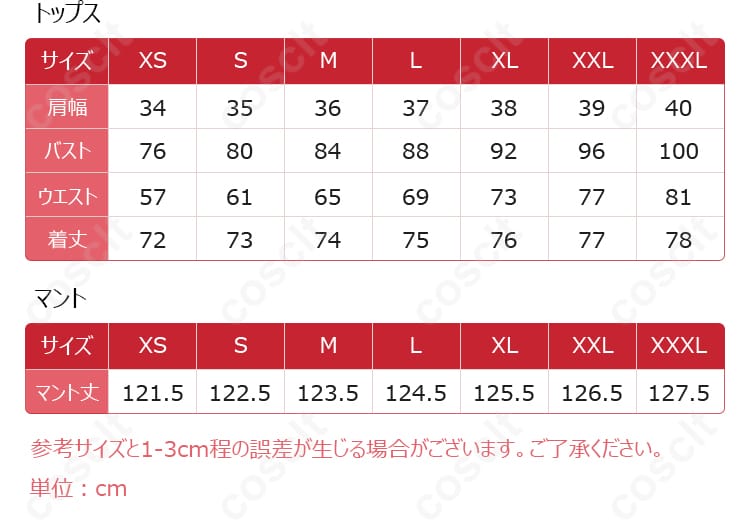 アルトリア・ペンドラゴン（セイバー） コスプレ衣装 サイズと寸法の対応表 ぴったりサイズを選べます