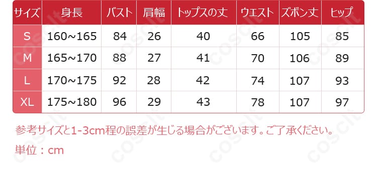 パンスト コスプレ衣装 サイズ表画像―S〜XL寸法早見表でぴったり選ぼう