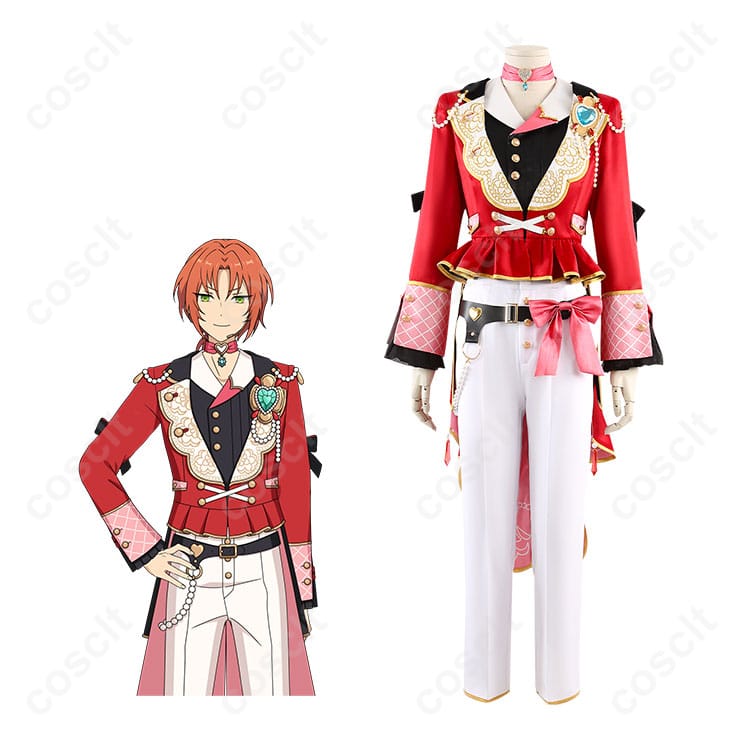 商品正面とキャラクター画像：あんさんぶるスターズ！！朱桜司のコスプレ衣装。キャラクターとのコラボレーションで、ラブコレクター衣装を忠実に再現。