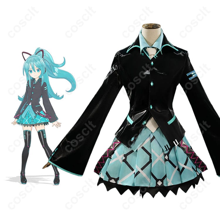 商品服装とキャラクターの組み合わせ画像 - 初音ミクのコスプレ衣装『if』バージョン。彼女の特徴的な水色の衣装を忠実に再現。コスプレ衣装の全体像を確認！