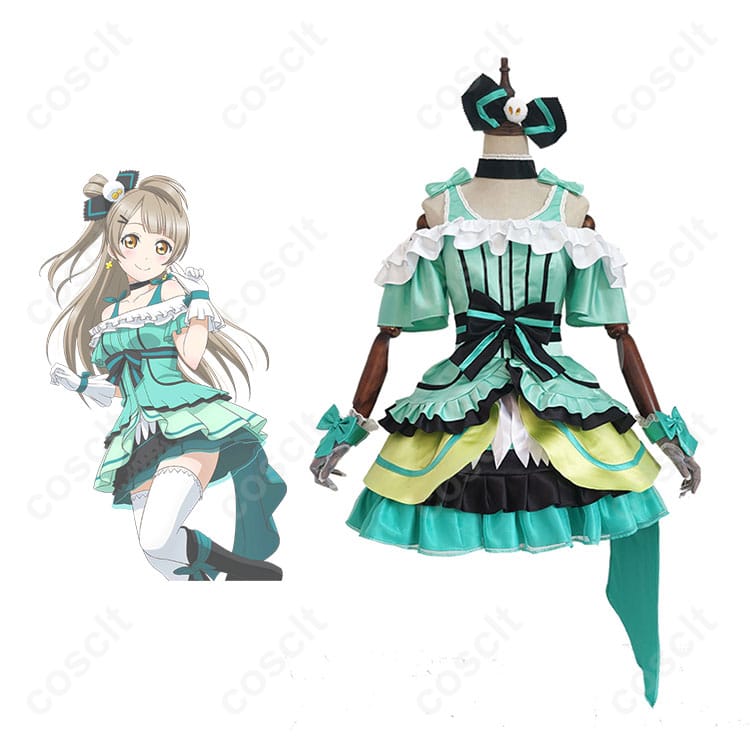 南ことり コスプレ衣装 正面とキャラクターとのコラボレーション画像。ラブライブ！スクフェスの可愛らしいデザインが忠実に再現された衣装。