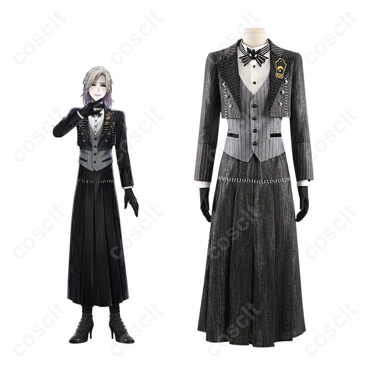 商品正面とヴィル・シェーンハイトのキャラクターイメージを組み合わせたコスプレ衣装の写真。ツイステッドワンダーランドの忠実な再現。