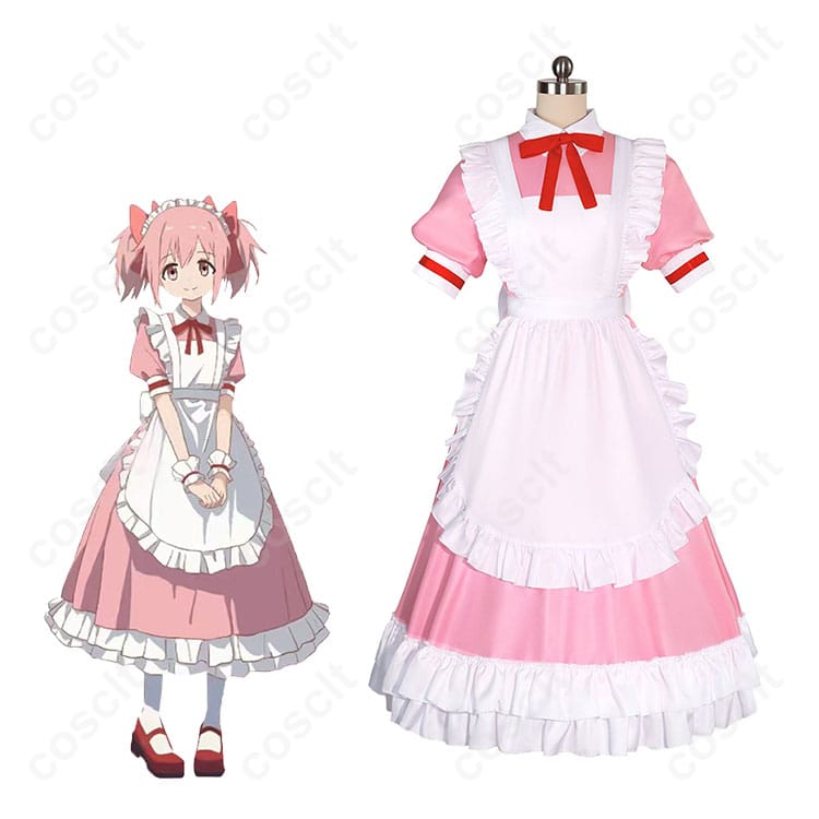 商品服装とキャラクターの結びつきを示した画像。鹿目まどかのメイド服コスプレ衣装の再現度が伝わります。