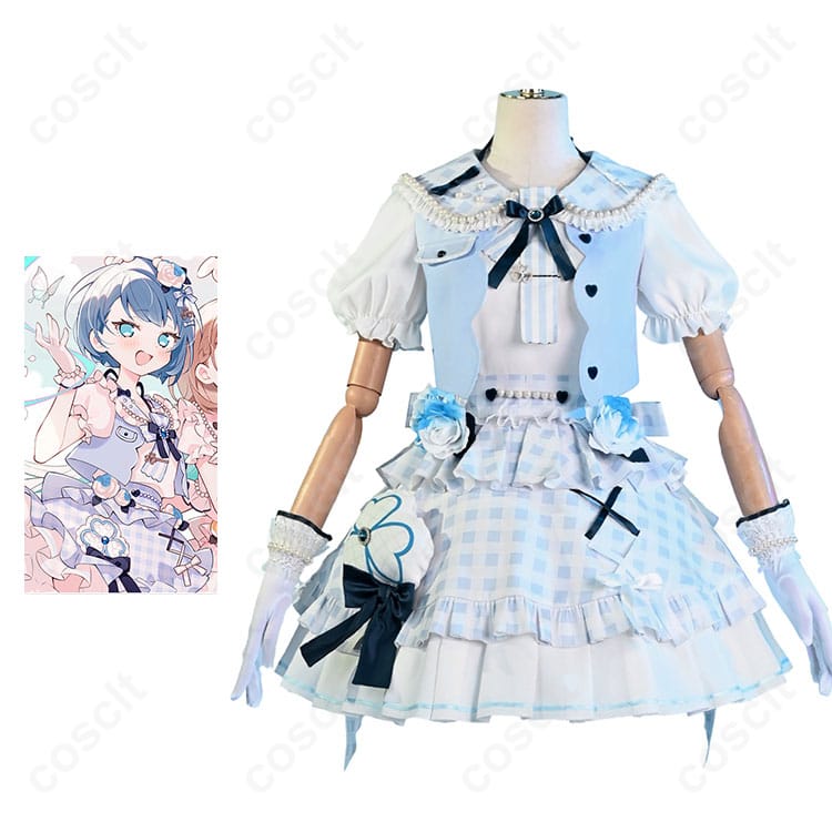 商品服装とキャラクターのコスプレ衣装の組み合わせイメージ。プロセカ桐谷遥の4周年MORE MORE JUMP！バージョンの衣装です。