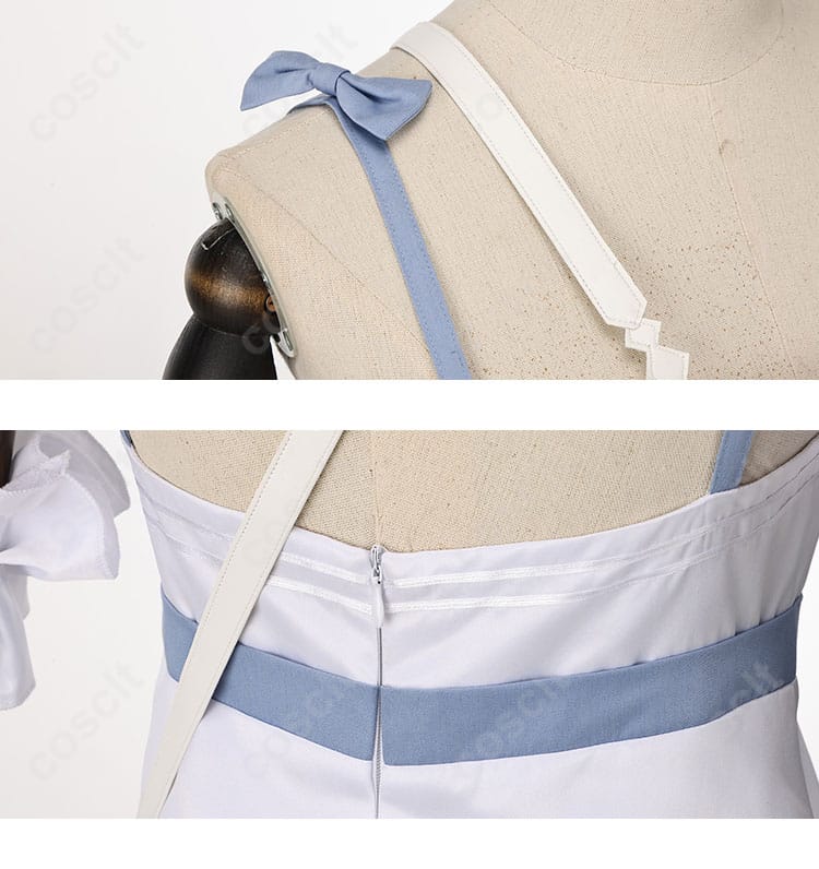肩ベルトと背面衣服チェーンのディテール。衣装の肩ベルトと背面のチェーン装飾が詳細に写っています。